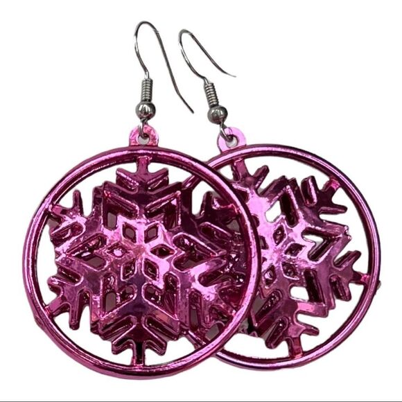 Snowflake Dangle Earrings Hot Pink - Picture 1 of 2